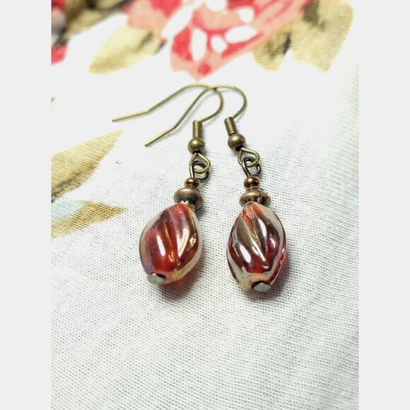 artisan earrings 202#mfs Red pressed glass swirl bead dangle earrings Red Victor - Picture 3 of 5